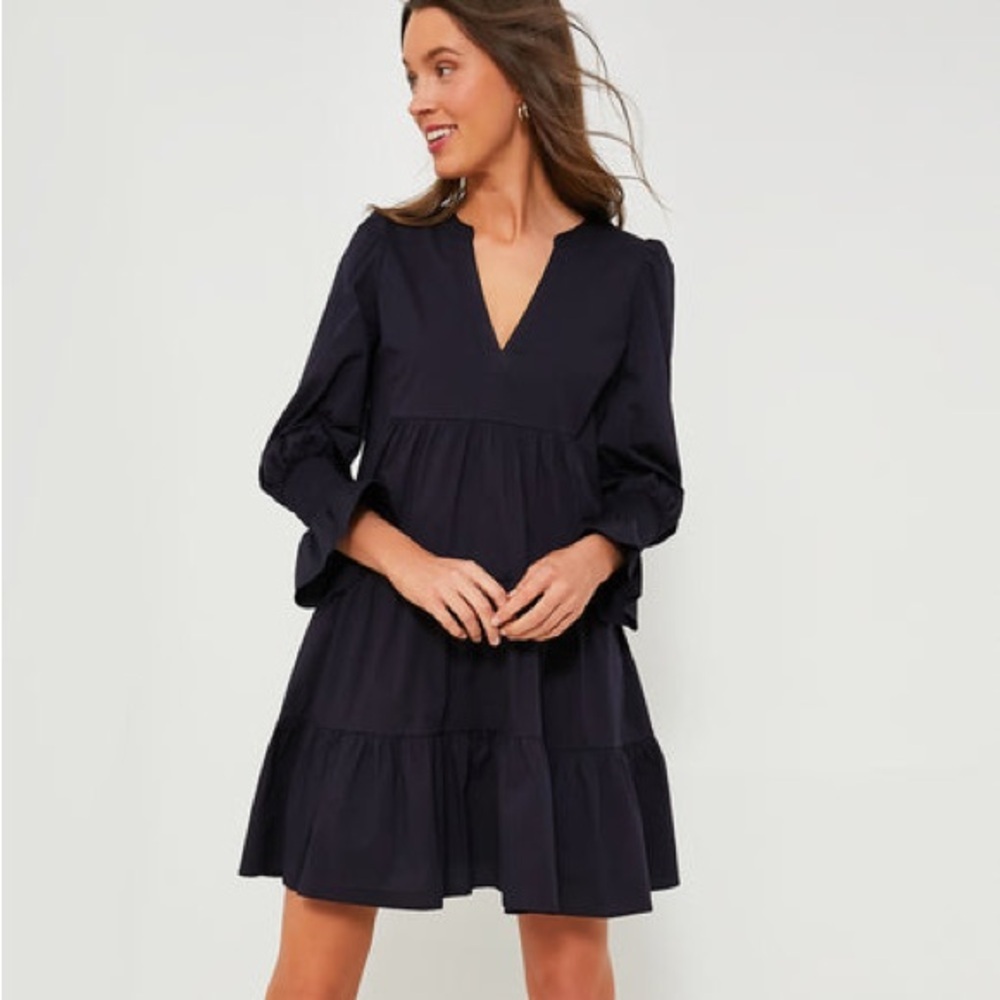 Pomander Place Navy Cotton Poplin Kenzo Tiered Dress Size Large